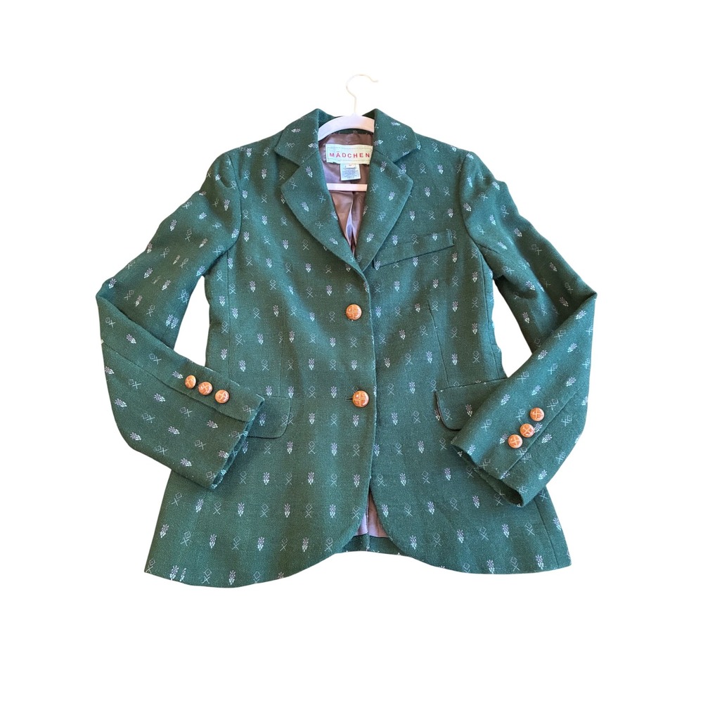 Madchen Womens Green Wool Blend Embroidered Blazer Jacket Size M Equestrian Dark